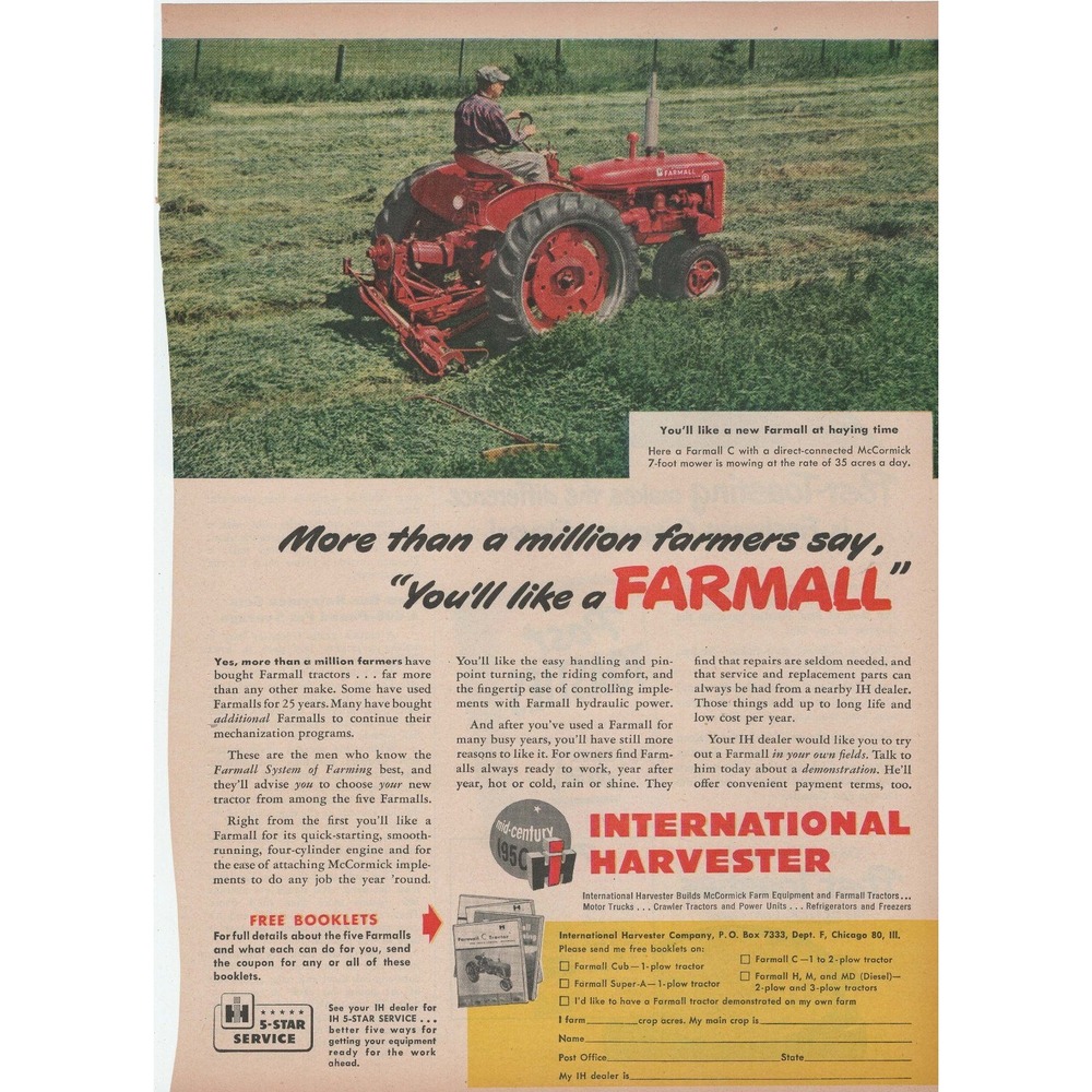 Vintage 1950 International Harvester Farmall C Tractor Print Ad McCormick Mower